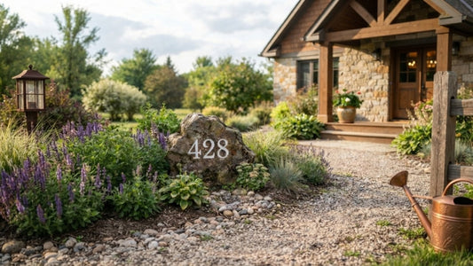 Engraved landscape stone featuring house numbers as part of address rock design ideas next to a gravel path.