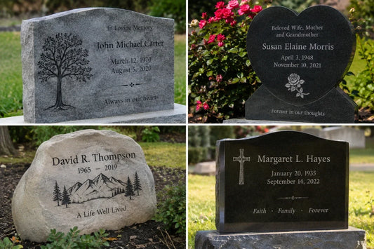 A four-panel grid highlighting examples of memorial stone inscriptions on various headstones, including tree, heart, mountain, and cross engravings
