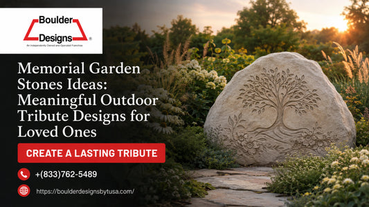 Personalized memorial garden stones crafted from durable natural rock, displaying a heart-shaped sympathy message on a stone pathway.