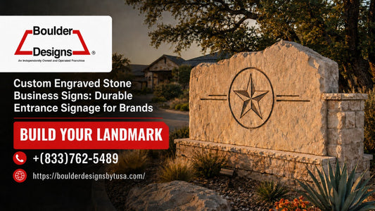 Boulder Designs custom stone business signs featuring an engraved monument entrance sign, contact number, and website.