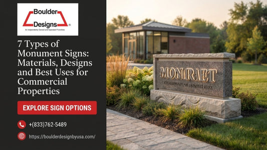 Granite entry sign featuring metal lettering showcasing types of monument signs for commercial real estate.